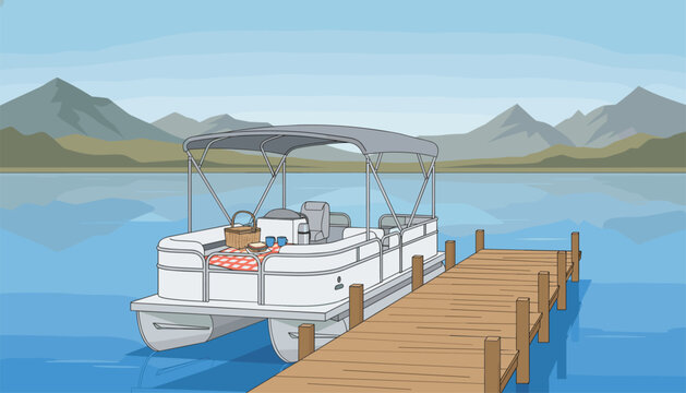 Pontoon boat with canopy roof and picnic setup rests docked at wooden pier with mountain scenery background.