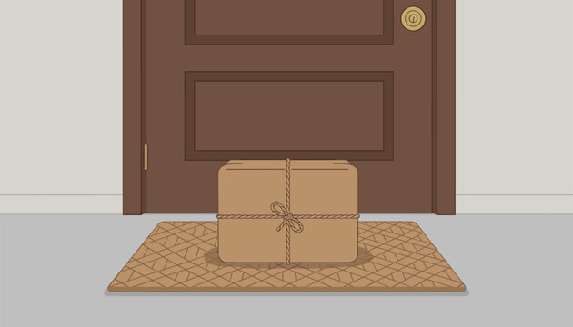 Cardboard parcel tied with string and a small bow resting on a geometric doormat before a brown door.