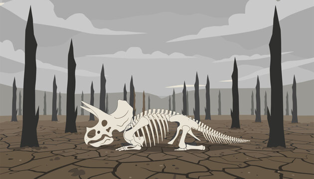 Fossilized dinosaur skeleton lies within a desolate volcanic wasteland featuring sharp black spires and gray clouds.