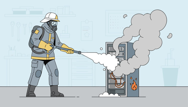 Professional firefighter in safety gear sprays extinguishing foam onto a burning server rack inside a data center.