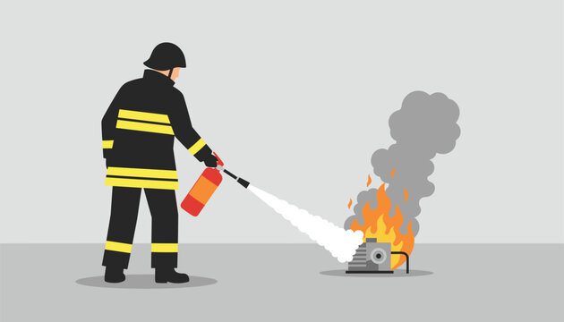 Firefighter wearing protective gear uses a portable extinguisher to put out flames on a burning electrical unit.