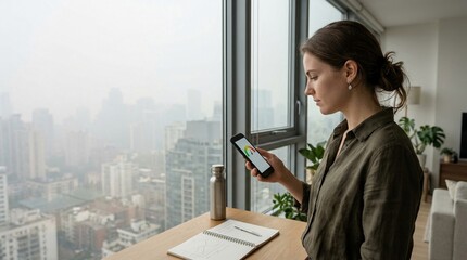 Fototapeta premium Young professional woman analyzing business data on smartphone near office window with cityscape view