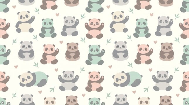 Cute seamless pattern with colorful pandas and bamboo leaves