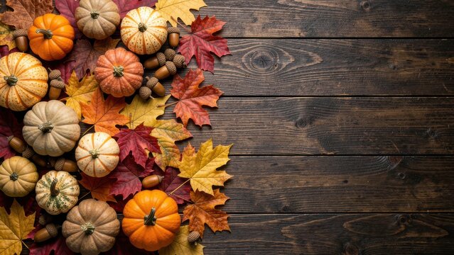 elegant top view thanksgiving centerpiece with autumn leaves pumpkins gourds and acorns on rustic wood table for holiday design promotion