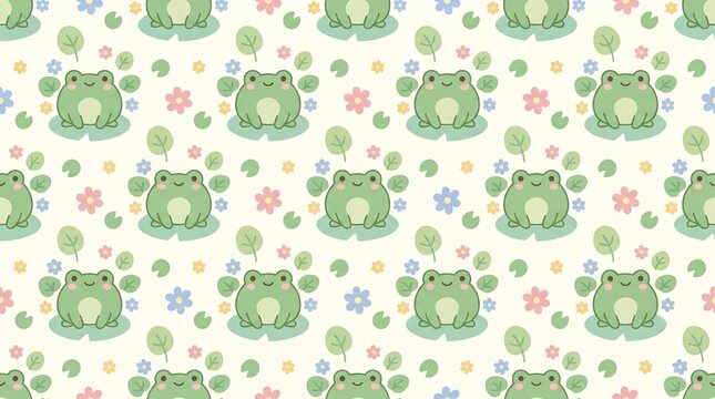Cute seamless pattern with frogs, flowers and lily pads