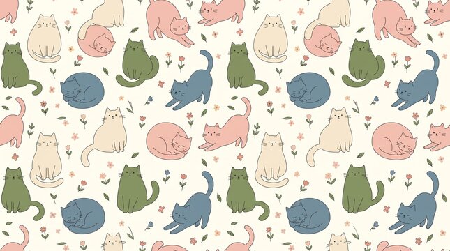 Cute hand drawn cat seamless pattern with flowers background