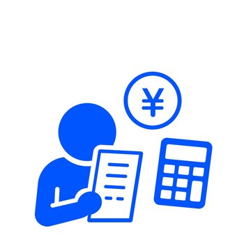 費用や収支の確認を表す人物と書類のピクトグラム（青）