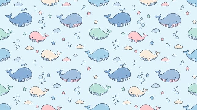 Cute seamless pattern with pastel whales, stars, and bubbles