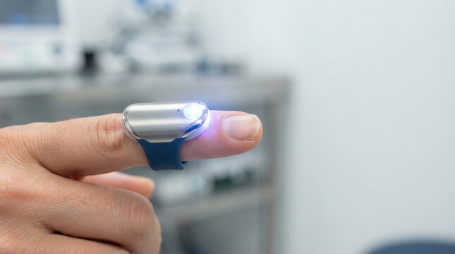 Healthcare innovation spending concept featuring wearable fingertip sensor measuring wellness data in clinical setting