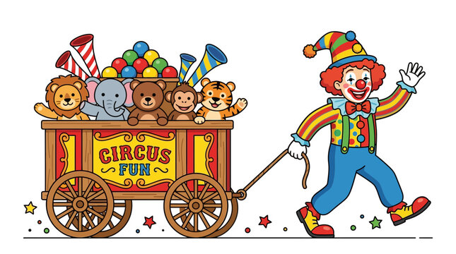 Circus Clown Pulling Toy Wagon Illustration