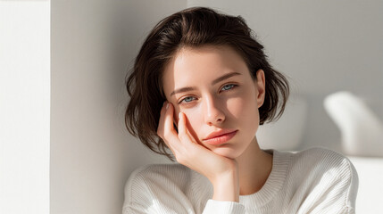 Thoughtful Young Woman Relaxing in Bright Minimalist Home Interior © sema_srinouljan