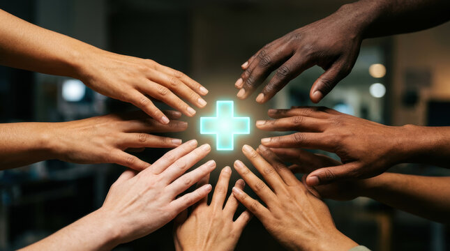 Bridging gap in health equity initiatives through diverse hands reaching toward glowing medical cross with hopeful collaboration