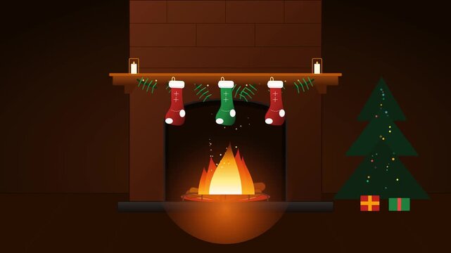 Cozy Christmas fireplace animation loop featuring burning flames, festive stockings hanging on the mantel, a decorated pine tree with gifts, and warm holiday atmosphere in a living room.
