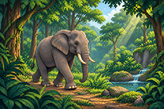 African Elephant in a Lush Tropical Forest &ndash; Pixel Art Illustration