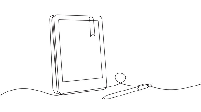 Continuous line vector illustration featuring ebook reader device and stylus pen drawing with minimalist style elements