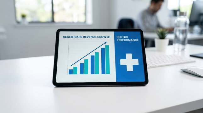 Healthcare innovation spending growth dashboard displays rising revenue charts and medical cross in modern office