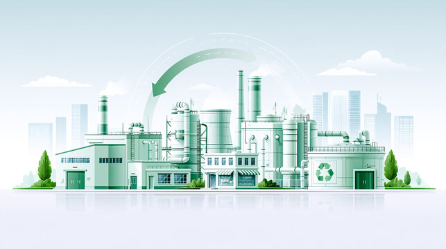 Eco friendly green factory with recycling arrow on white background with copy space. Sustainable industry, renewable energy, clean production, ecology and environmental protection concept