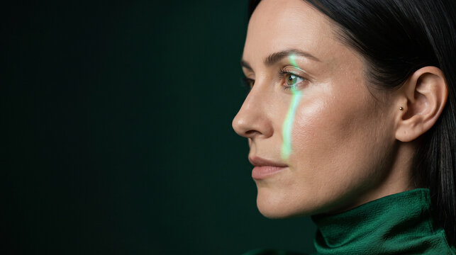 Emerald acrylic light bends across a beauty eye