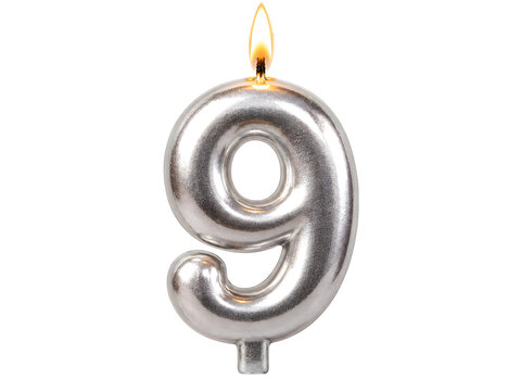 Silver number 9 birthday candle, nine year celebration, anniversary party decoration isolated on Transparent Background