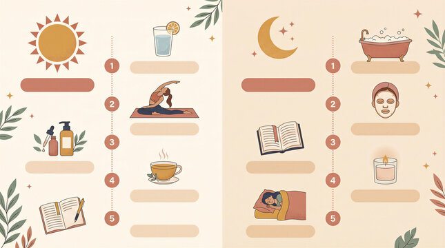 Illustrated morning and evening self-care routine guide