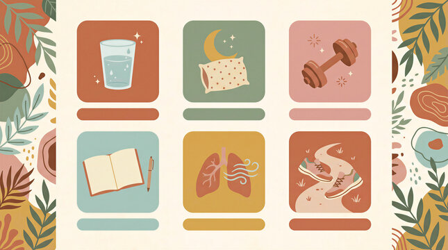 Healthy habit icons for hydration, rest, exercise and mindful living