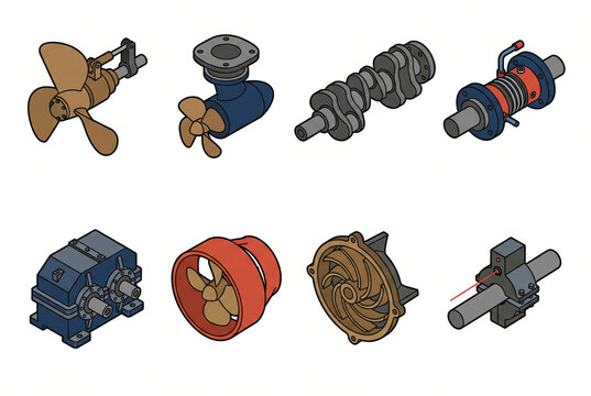 Isolated JPG illustration of a naval architecture and maritime drivetrain icon pack, featuring cpp propellers, azimuthing thrusters, and marine gearboxes.