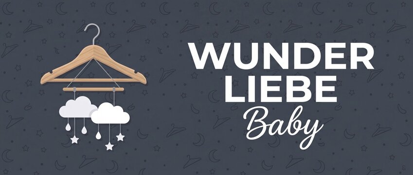 Baby shower banner wooden hanger cloud mobile wunder liebe baby text illustration background for nursery decoration, newborn arrival, pregnancy announcement, cute bedtime banner design template.