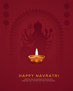 Elegant Navratri greeting featuring Goddess Durga silhouette, glowing diya, ornamental mandala, and deep red festive background.