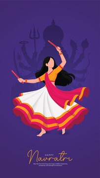 Festive Navratri design featuring a woman performing Dandiya dance in traditional Indian attire, with a Goddess Durga silhouette in the background and a rich purple festive backdrop.