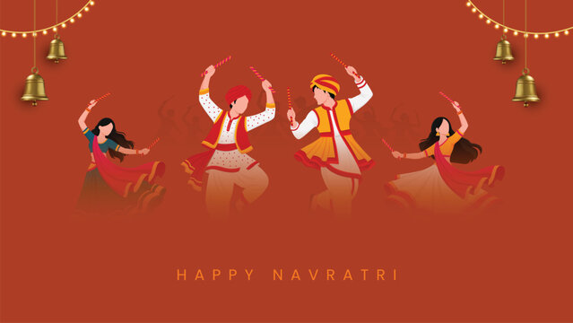 Happy Navratri festive design featuring four traditional Indian dancers performing Dandiya with colorful ethnic attire, hanging bells, decorative lights, and a warm orange background.