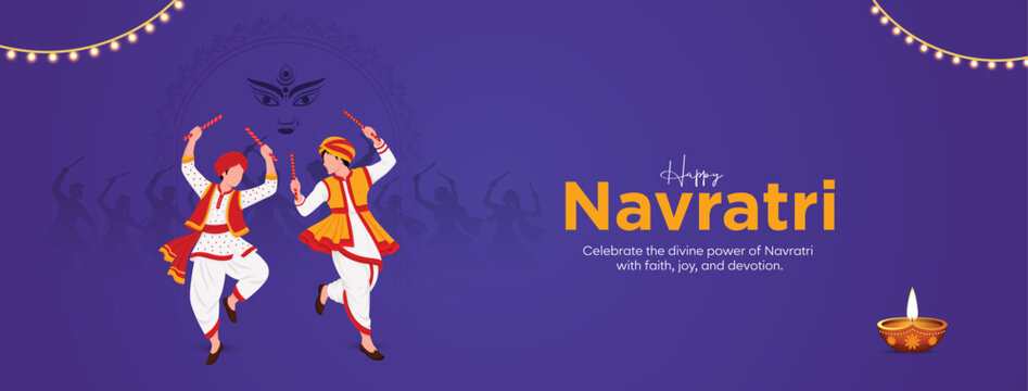 Happy Navratri festival design featuring two traditional Dandiya dancers, Goddess Durga face artwork, festive string lights, diya lamp, and a vibrant purple background for cultural celebrations 