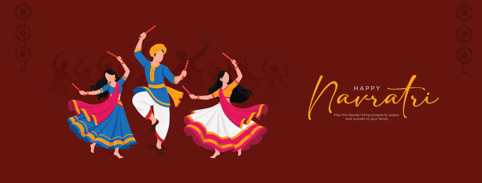 Happy Navratri festive design featuring a traditional Indian couple performing Dandiya dance with colorful ethnic attire, a Goddess Durga silhouette, decorative diya, and warm orange background.