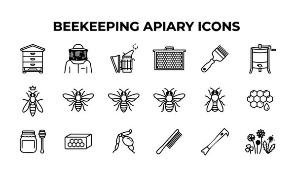 Beekeeping Apiary Icon Set Flat Vector, Hive Smoker Frame Extractor Queen Bee Honeycomb Honey Jar Beeswax Pollen Brush Tool, Black White
