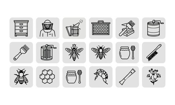 Beekeeping Apiary Icon Set Flat Vector, Hive Smoker Frame Extractor Queen Bee Honeycomb Honey Jar Beeswax Pollen Brush Tool, Black White