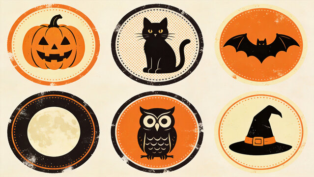 Vintage Halloween icons in 2x3 grid with pumpkin black cat bat moon owl and witch hat