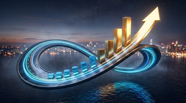 Concept of continuous financial growth, long term investment, and sustainable economic progress. Gold bar chart with upward arrow on floating infinite road track above city water at night.