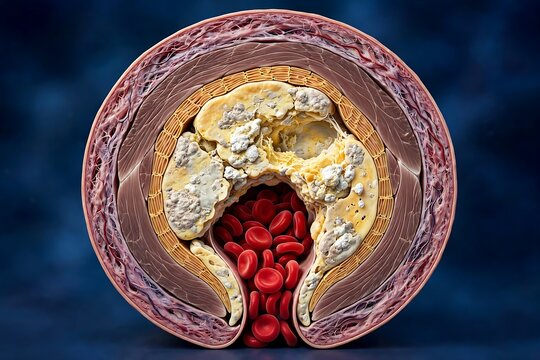 Crosssection of an artery showing advanced atherosclerosis and plaque buildup