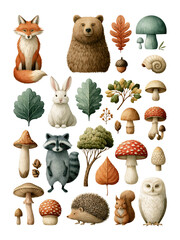 Fototapeta premium Isolated woodland animal and mushroom collection on white background with clipping path, featuring fox, bear, rabbit and owl