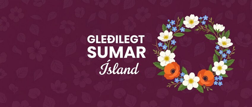 Gledilegt sumar Iceland floral wreath banner greeting vector illustration with white mountain avens and forget-me-not flowers on dark purple background for Icelandic first day of summer celebration