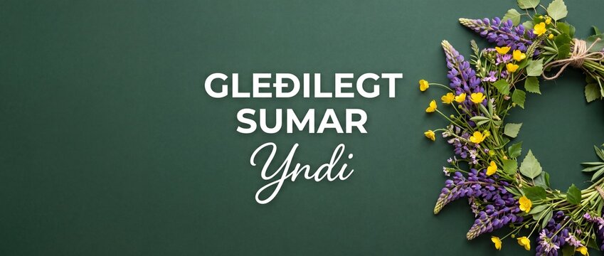 Icelandic summer greeting floral background with Gledilegt Sumar text, copy space for first day of summer banner celebration with wild flowers lupine wreath flat lay on dark green background