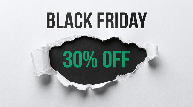Black friday sale concept with 30 percent off text revealing through torn paper