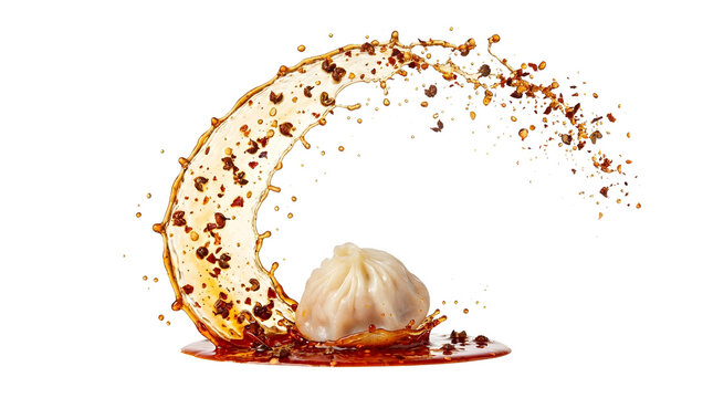 Single steamed Chinese xiao long bao dumpling resting under a dramatic crescent splash of chili oil and soy sauce isolated on transparent background. 