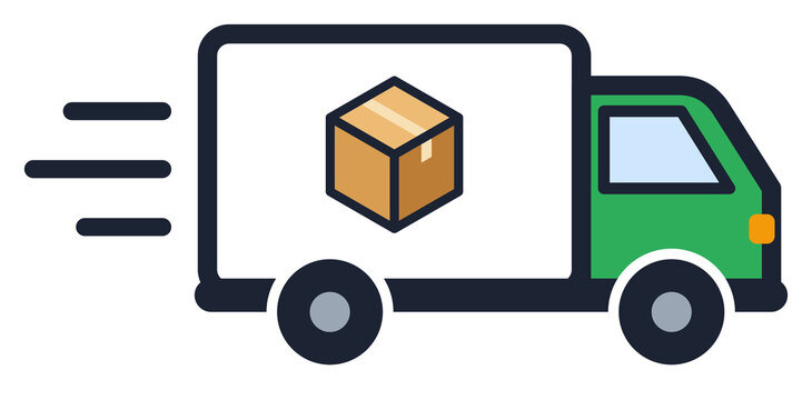 Delivery van with parcel box icon, fast shipping truck
