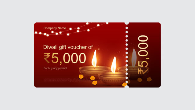 Diwali gift voucher showing five thousand rupee value with diya lamps. Diwali giftcard design displaying 5000 Indian rupee value.