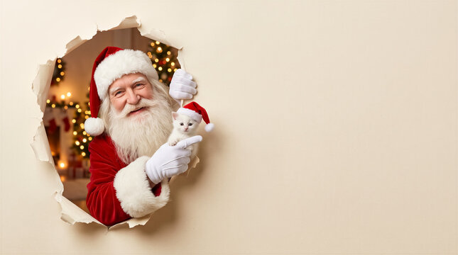 Santa Claus peeking through a torn paper hole holding a small kitten wearing a festive hat, blurred Christmas tree lights in background. Holiday celebration, winter season, seasonal greeting.