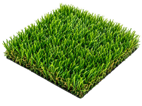 Artificial grass square, synthetic turf sample, green fake lawn texture, eco-friendly landscaping isolated on Transparent Background