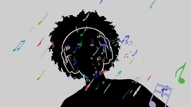 
Musical music notes audio pulse beats silhouette afro lady woman african shaking head 10 seconds animation screensaver visualiser motion graphics HD video 

