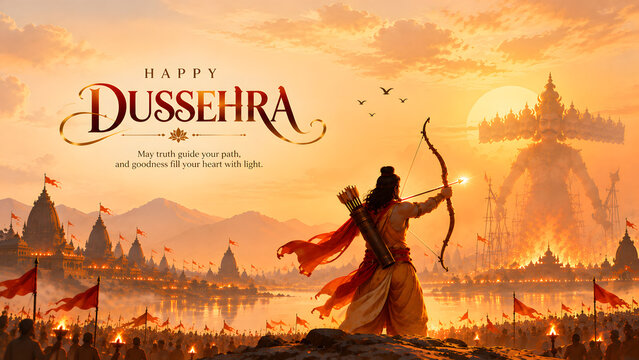  Dussehra Festival Celebration with Lord Rama Drawing His Bow Against Ten-Headed Ravana, Illuminated Temple City, Sacred River, Festive Flags, Sunset Glow, and Victory Spirit