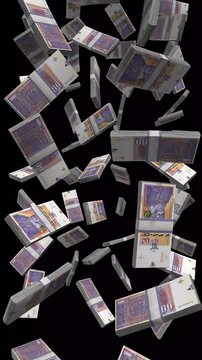 Vertical North Macedonia Money, Falling Macedonian Denar Bills Black Background, Skopje Finance Cash Stacks, 4K