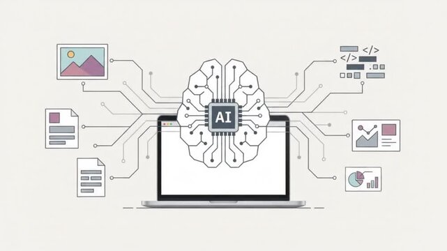 Artificial intelligence AI brain circuit concept with laptop computer and data processing icons on light background